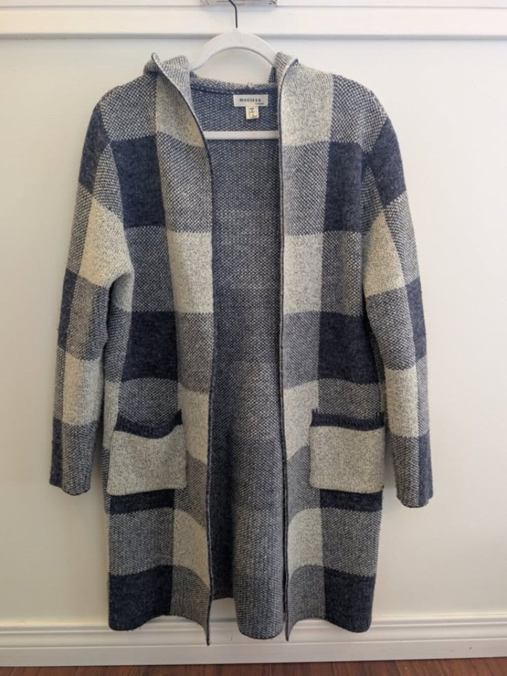 Monteau Los Angeles Plaid Hooded Longline knit cardigan Blue Cream Pockets Small